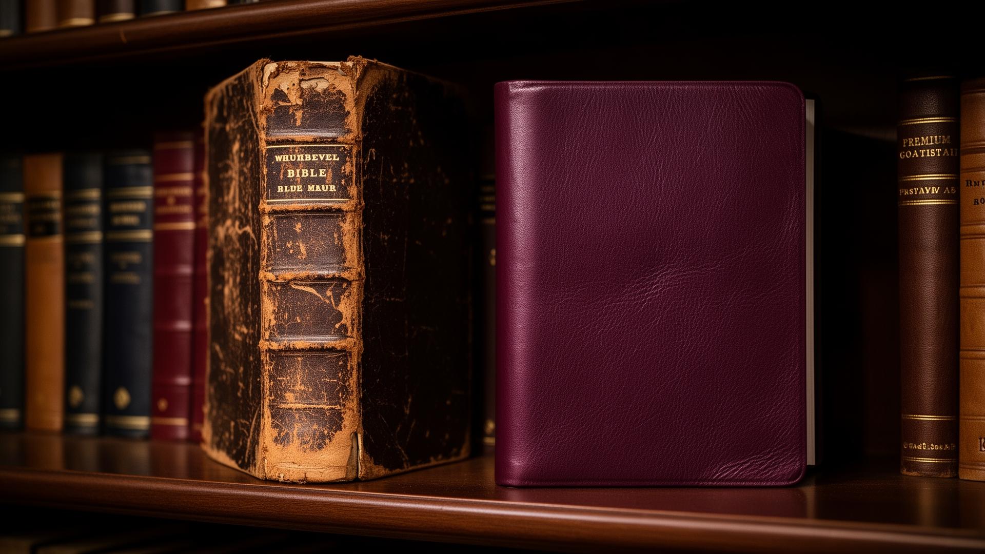 An antique Bible standing beside a modern premium goatskin Bible on a library shelf.