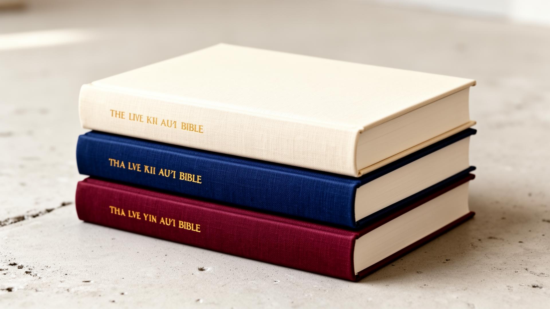 A stack of three minimalist linen-bound Bibles in cream, navy and burgundy.