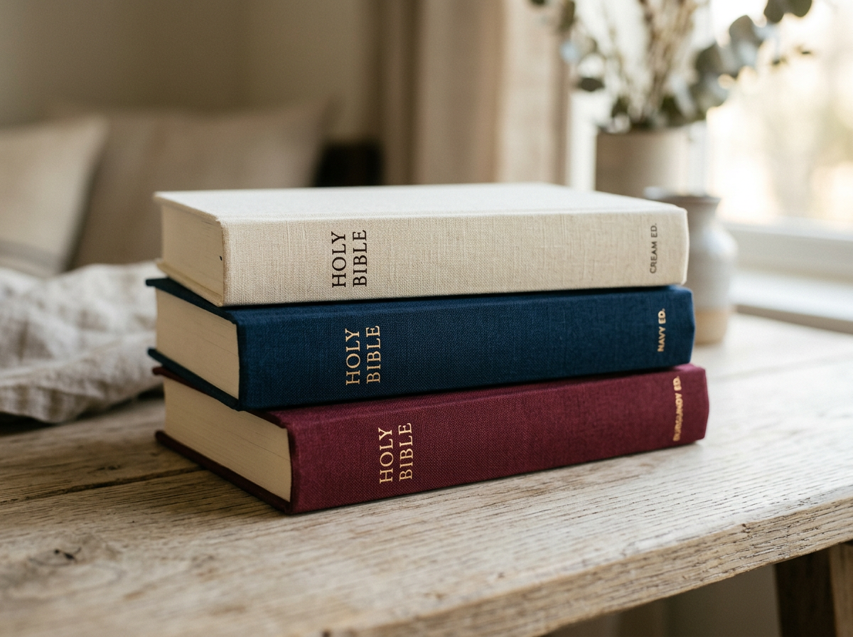 Three minimalist linen-bound Bibles stacked on a pale oak surface: cream, navy and burgundy.