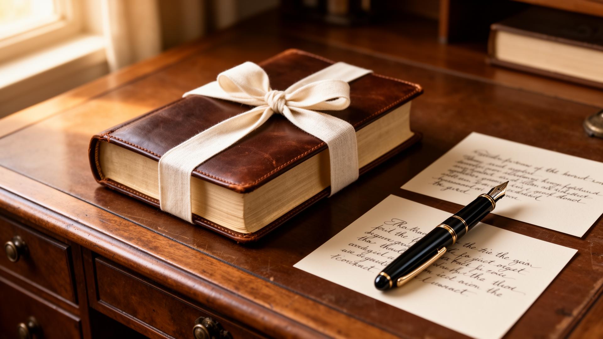 A leather Bible tied with cream ribbon on a vintage wooden desk beside a fountain pen.