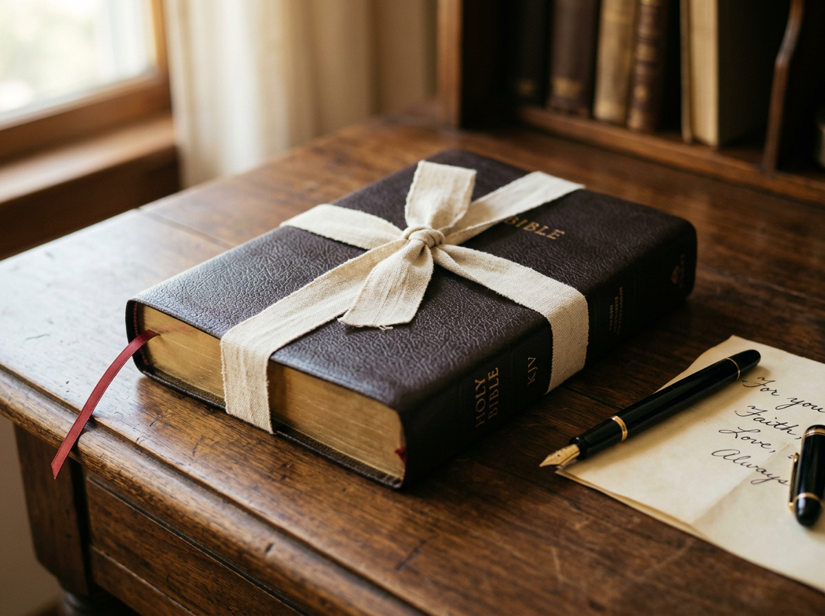 A leather Bible tied with cream linen ribbon on a vintage walnut desk beside a fountain pen.
