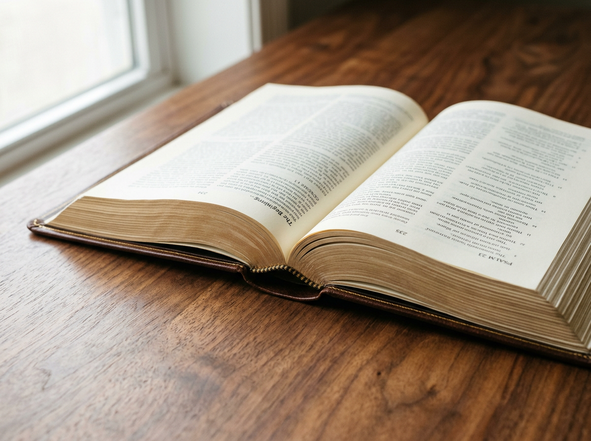 A leather Bible lying perfectly flat on a walnut desk in soft window light.
