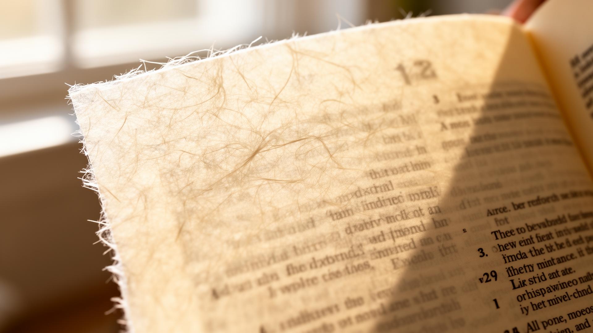 Macro photograph of translucent India paper held up to window light.