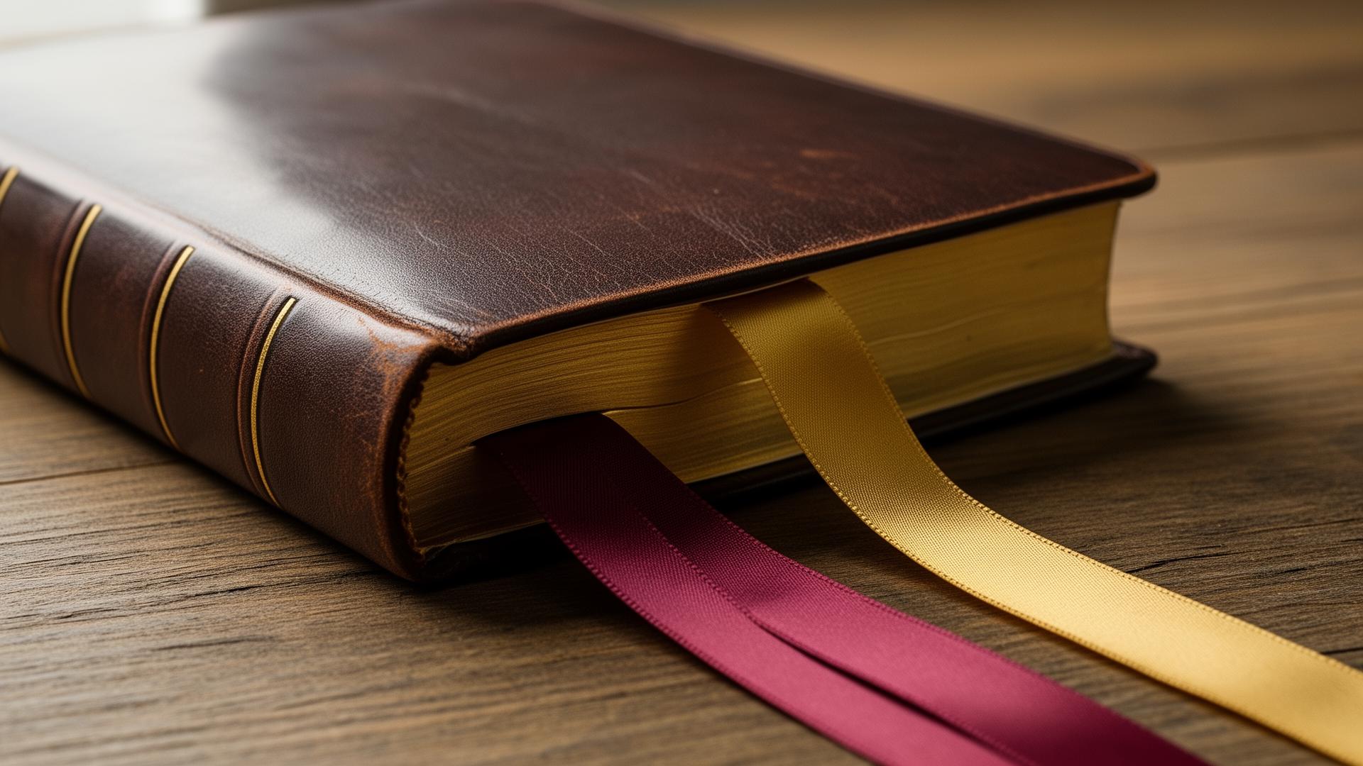 A leather Bible with burgundy and gold satin ribbon markers.