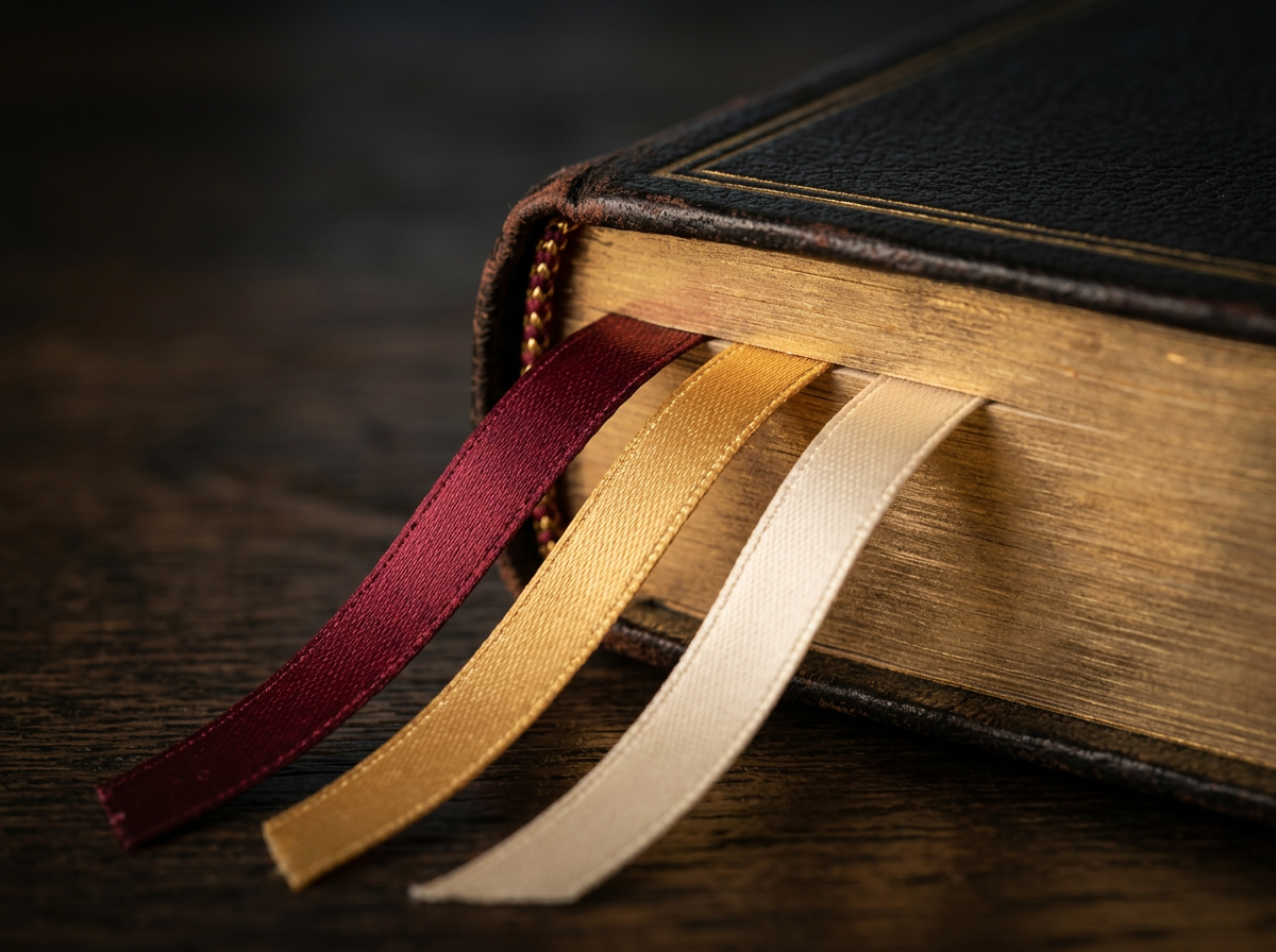 Forthcoming: macro of a striped woven head band tucked into the top of a leather spine.