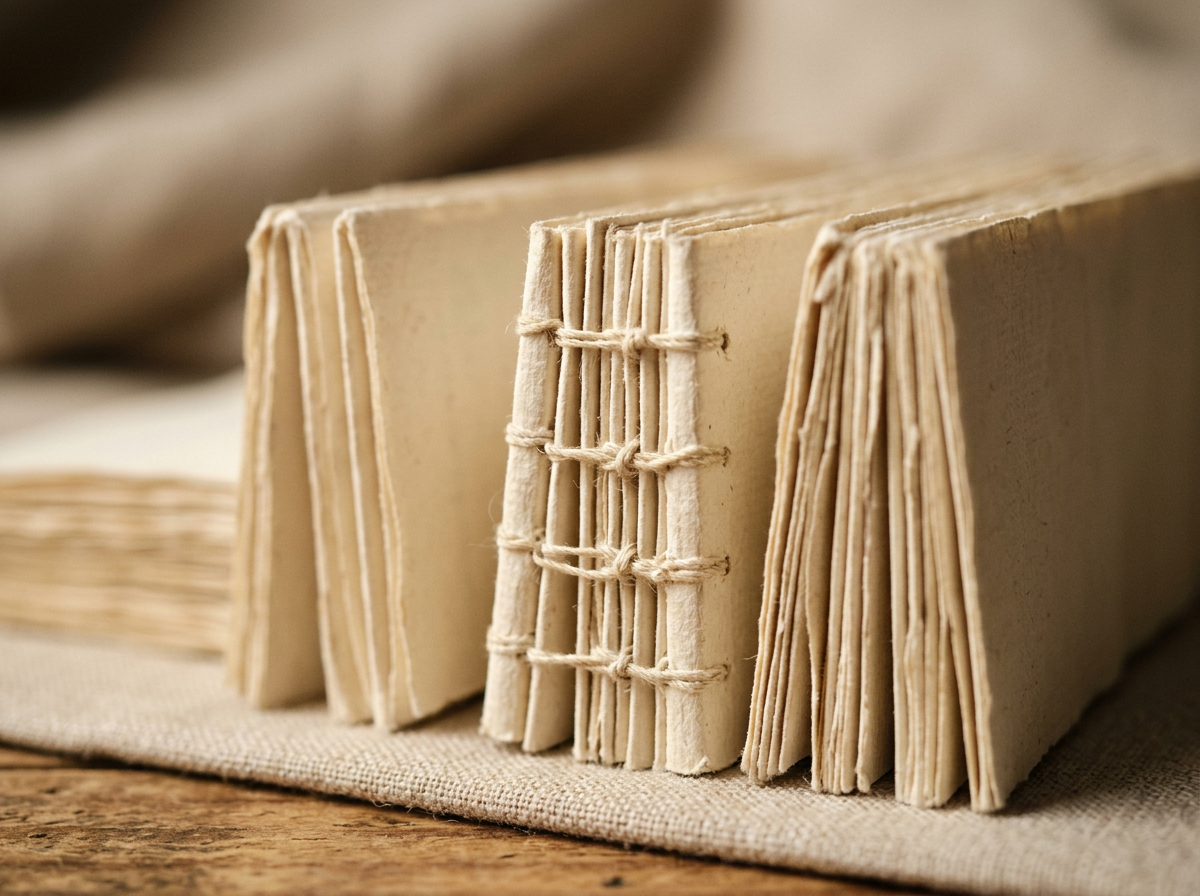 Macro of cream binders' thread stitched through Smyth-sewn signatures on a linen cloth.