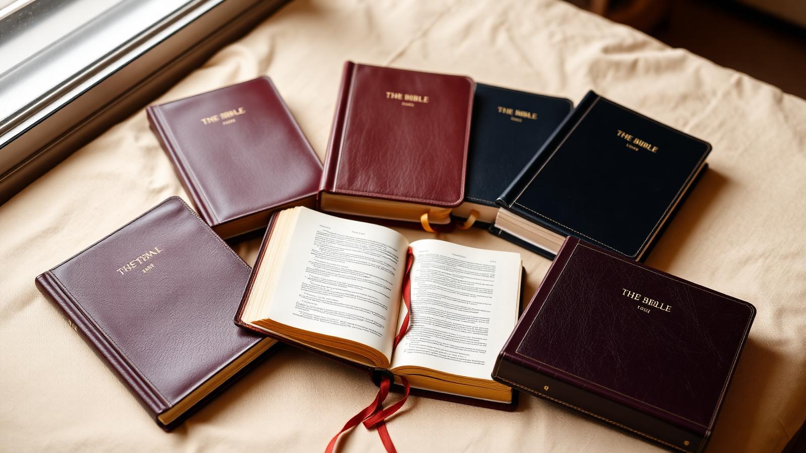 Five leather-bound Bibles fanned across a linen surface
