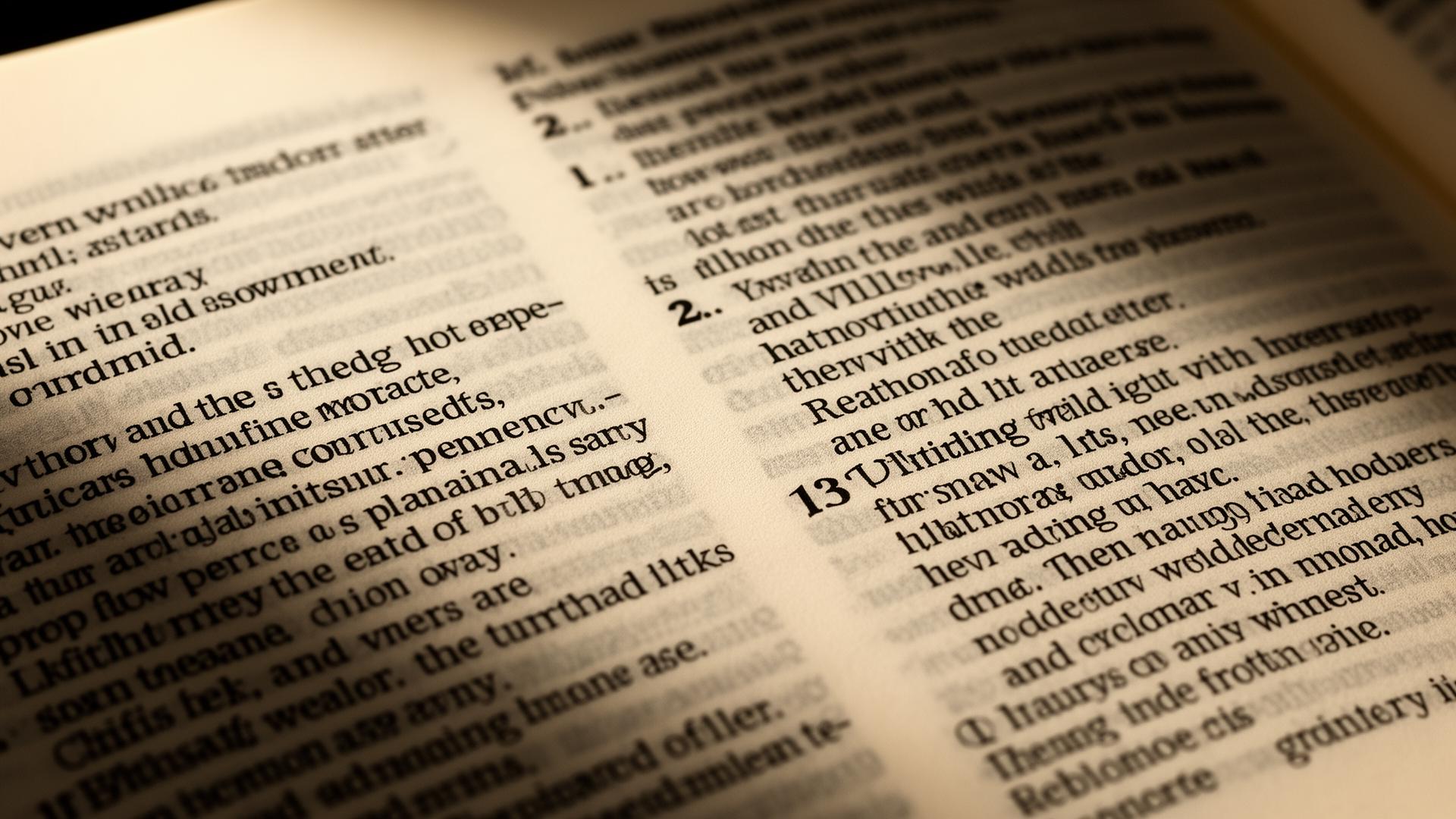 Close-up of crisp serif type printed on warm cream Bible paper.